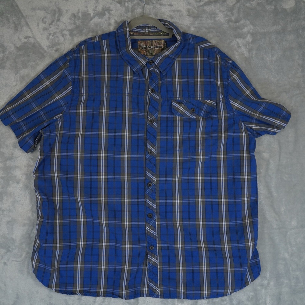 Realtree Button Up Shirt Mens Large XXL Plaid Blue Short Sleeves Pocket